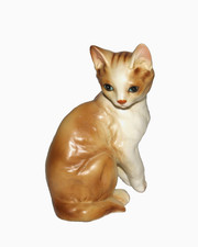 VTG Lefton Orange Tabby Cat Ceramic Figurine E6312 Blue Eyes Sitting 5 1/2