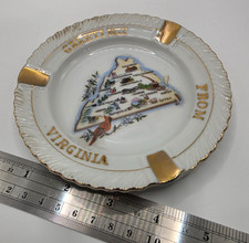 Vintage Virginia State Map Souvenir Ashtray Porcelain Gold Trim Cardinal Bird picture