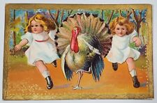 Thanksgiving Girls Chasing Large Turkey 1909 Medina NY to Brooklyn Postcard X9 picture