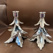 Vntg 2003 Pottery Barn Silverplate Metal Christmas Tree Taper Candle Holders Set picture