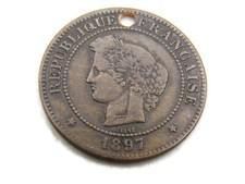 1897 France 5 Centimes Bronze Coin French Republic Cérès Head Holed for Pendant picture