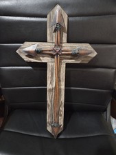 Vtg Rustic Southwestern Bohemian Wall Cross Wood With Copper Arrows 20