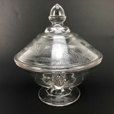 Antique EAPG Glass Butter Dish Stork Crane On Pond Covered Acorn Final Covered picture