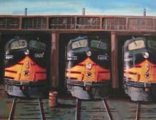 20 postcards of a painting of Northern Pacific Railroad diesel locomotives. picture