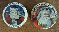 2 Rare Vintage CHRISTMAS at Baron’s SANTA Pin-back Buttons Madison Wisconsin picture