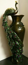 Vintage Bronze Finished Resin Oriental Peacock Ewer w/ Red Glass Beads Excellent picture
