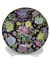  CHINESE ZHONGGUO ZHI ZAO PORCELAIN BLACK FLORAL 24K GOLD TRIM DINNER PLATE picture