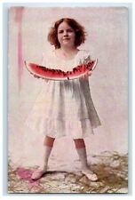 c1910's Little Girl Dress White Holding Big Watermelon Unposted Antique Postcard picture