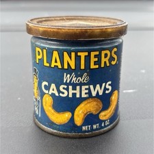 Planters Nuts Vintage Whole Cashews 4 oz Blue Label Advertising Tin Can picture