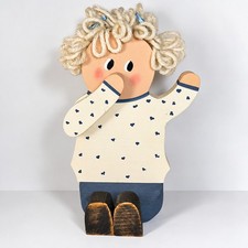 Primitive Folk Art Wooden Sitting Baby Shelf Decor Handcrafted Country Painted picture