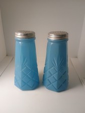 Vintage Jeanette Delphite Blue Glass Salt And Pepper Shakers Basket Weave 1930s picture