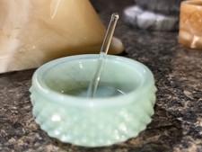 Vintage Slag Jadeite Opalescent Hobnail Glass Salt Cellar Dish W/Glass Spoon 💚 picture