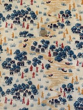 Vintage Feedsack Fabric, 44” L x 36” W, Blue, Red, Yellow, River, Canoe, Country picture