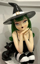Viral Bella Lux Green Hair Witch Black Cat 24” Halloween Shelf Sitter picture
