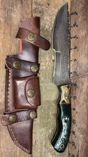 12.5” Handmade Etched Damascus Hunting Tracker Knife, w/Leather Sheath picture