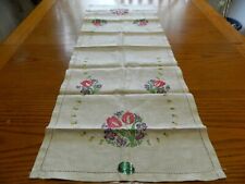 L-24 VINTAGE CREAM LINEN WITH FLORAL EMBROIDERY TABLE RUNNER 15 X 40 picture