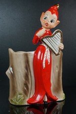 Vintage Brinn's Japan Ceramic Elf Pixie Harp Player Tree Stump Planter Christmas picture