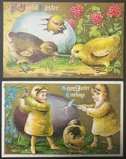 Lot of 2 Antique 1911 Embossed Easter Postcards – Chicks, Children, Eggs & Gold picture