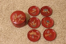 Vintage Zohiko Japanese Lacquerware with 6 Coasters Storage Box Red/Gold Floral picture