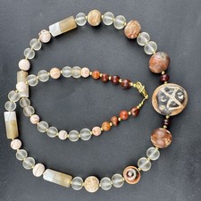 Vintage Tibetan Crystal Etched Carnelian Beads Necklace Beaded Agate Pendant picture