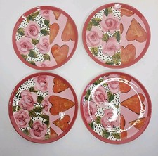 Droll Designs Hand Painted Hearts & Roses Salad Dessert Plates 7.75” Lot Of 4 picture