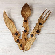 Vtg Hand Carved Wood Cutlery Set Spoon Fork Knife Pyrography Rustic Folk Art picture