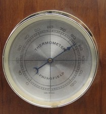 Vintage Springfield Dial Wall Thermometer Wood Plaque Mid Century Brass Tone US picture