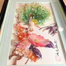 VTG Japanese Floral Peacock Art Shell Mosaic Framed Asian Sculpture Signed 3D picture