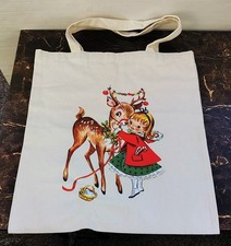 Vntg 1960s Bethany Lowe Girl Hugging Deer Christmas Holiday Canvas Presents Bag picture