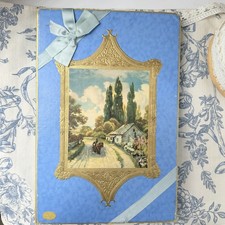 Vintage 1950's Schrafft’s Chocolate Box w Bow & Landscape Cottage Gift Box Blue picture