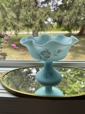 Fenton Blue Satin Footed Ruffled Compote Floral design-Signed-C Smith 1970-1980’ picture