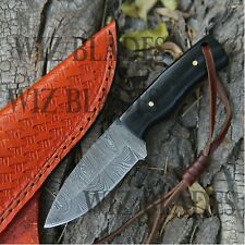 Custom Handmade Damascus Hunting Knife Buffalo Horn Handle Leather Belt Sheath picture