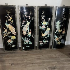 4 Vintage Asian Oriental Mother of Pearl Black Lacquer Wall Art Plaque Panels  picture