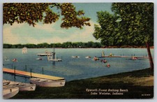Vintage Postcard IN Lake Webster Epworth Forest Bathing Beach Boats Linen ~8841 picture
