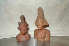Handcarved Wooden Balinese Figures in Traditional Attire One is Signed 