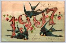 Antique 1907 New Year Swallows Roses Embossed Holiday Postcard Posted picture