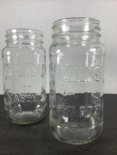 Set Of 2~Hazel Atlas Mason Embossed Glass Square Shaped Glass Jars~16oz picture