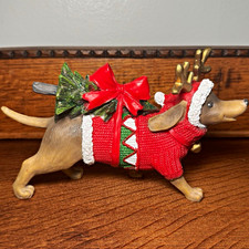Christmas Dachshund Dog Figurine Reindeer Antlers Santa Hat Wreath 3D picture