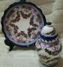 Vintage Pintado A Mano Ginger Jar And Plate Made In Mexico Hand Painted Floral picture