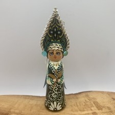 Vintage Christmas Ornament Russian Girl Hand Painted Carved Wood Gorgeous 4 1/2” picture