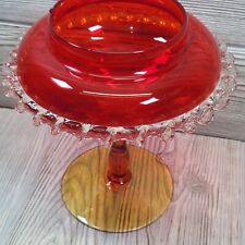 Empoli Art Glass Amberina Pedestal Compote Clear Applied Rigaree MCM Red Orange picture