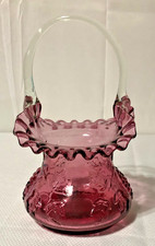Vintage Cranberry Glass Basket/Crimped Rim/Embossed Grape Clusters picture