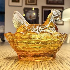 Vintage Degenhart Amber Glass Mini Hen on Nest 2” Miniature Trinket picture