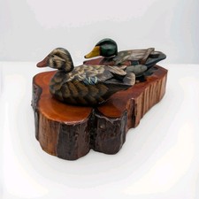 Vintage Folk Art Carved Wood Duck on Pond Slab Scuplture Hand Painted Humphrey  picture