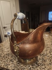 Vintage Copper Coal Ash Scuttle Bucket with Lion Head Ceramic, Blue Handles picture