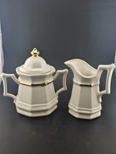 Vintage Ivory Ceramic Creamer & Covered Sugar Bowl Gold Trim Octagonal Set picture