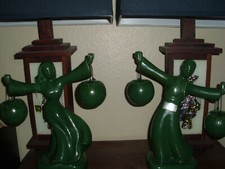 Vintage Mid-Century Gonder Pottery Dark Green Water Bearer Figurine Pair picture