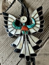 OLD Zuni Dixon Shebola Sterling Silver Thunderbird Channel Inlay Bolo Tie 3 5/8
