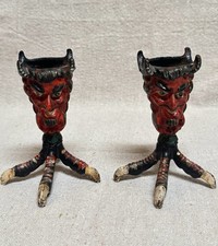Pair Of Cast Iron Devil Satan Satanic Candle Holders picture