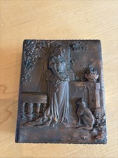 antique Victorian copper faced card box with Lady & Cat. picture